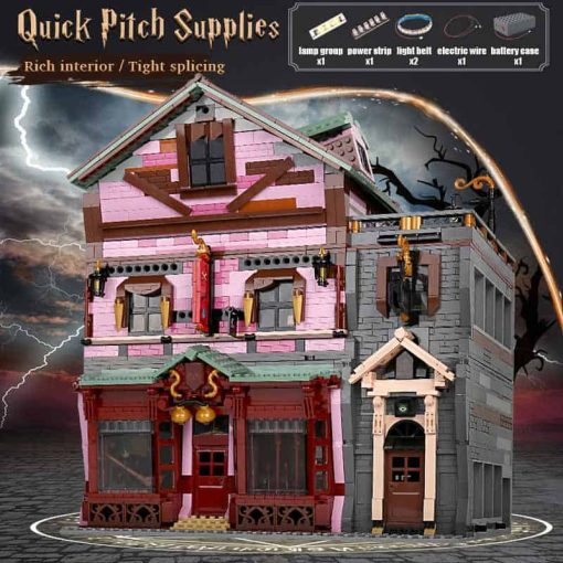 Mould King 16039 Harry Potter Quick Pitch Supplies Quidditch Shop With Lights Building Blocks Bricks Kids Toy