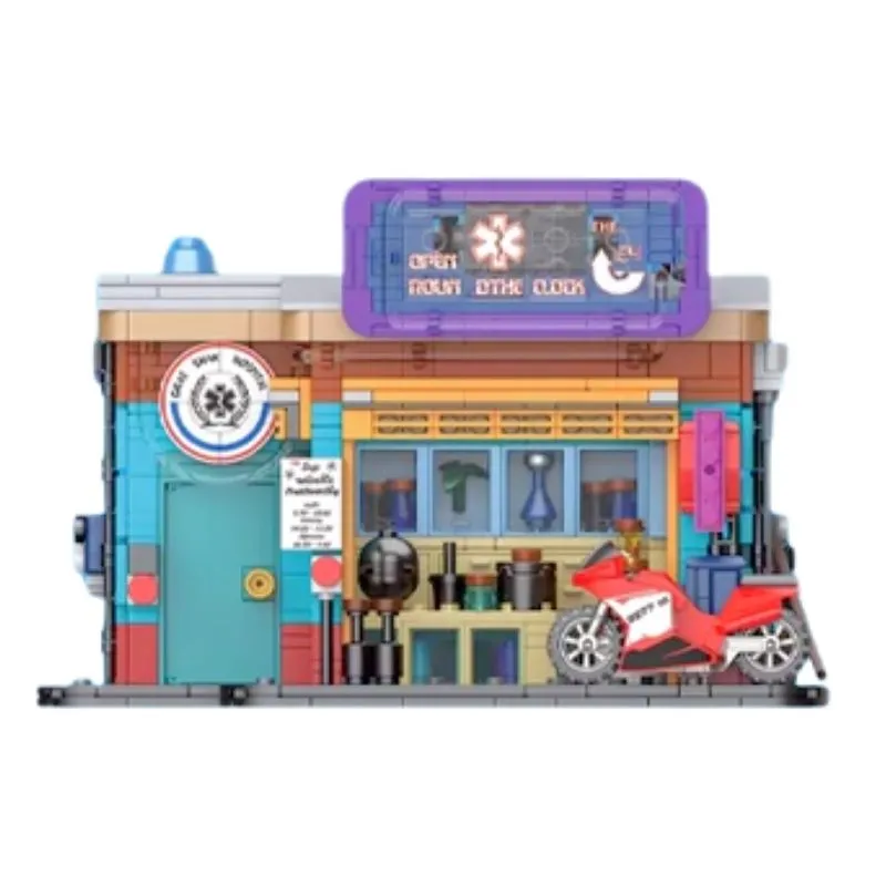 KS004 Pharmacy BrickCool Cyber Street Cyberpunk Modular Buildings 1270Pcs Building Blocks Kids Toy KS004 Pharmacy BrickCool Cyber Street Corner Modular Buildings