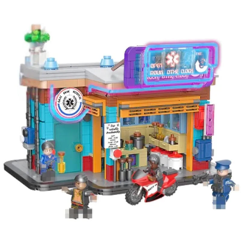 KS004 Pharmacy BrickCool Cyber Street Cyberpunk Modular Buildings 1270Pcs Building Blocks Kids Toy KS004 Pharmacy BrickCool Cyber Street Corner Modular Buildings